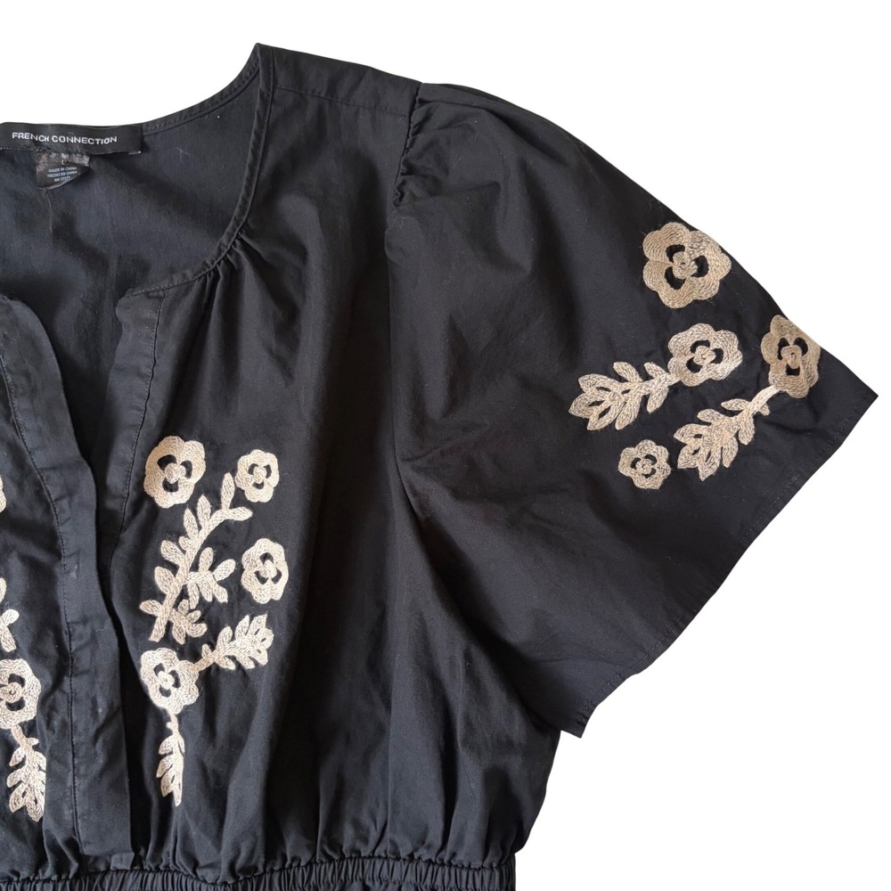 FRENCH CONNECTION Embroidered Midi Dress Size L Puff Sleeve Smocked Ruffle Black - Picture 7 of 15